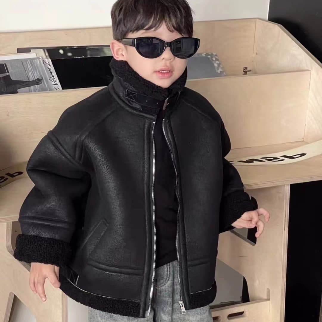 Winter Unisex Kids' Cool Stand Collar Motorcycle Jacket, Fleece-Lined Thickened Children's Korean Style Suede and Lamb Wool Composite Jacket
