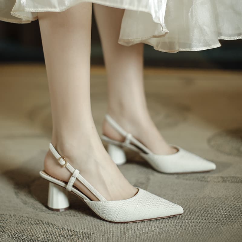 Chanel-Style Women's Shoes 2022 Summer French-Style Pointed Toe Backless Chunky Heel Sandals Satin Elegant High Heels Satin Pointed Toe