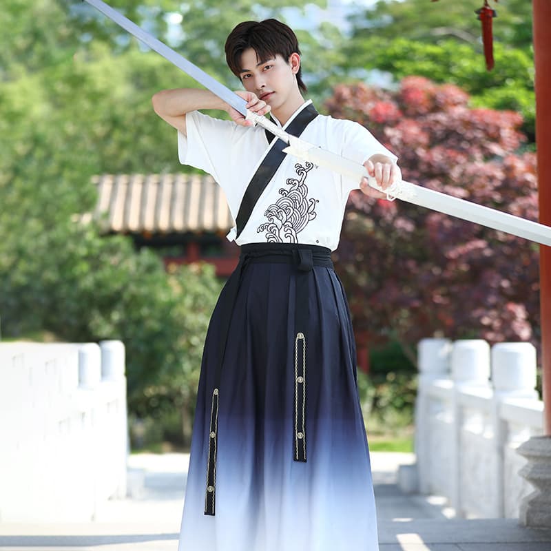 Chinese Style Hero Plus Size Men's Ancient Costume Short Sleeve Hanfu Waist-High Ru Skirt Two-Piece Set Student Summer Improved Hanfu