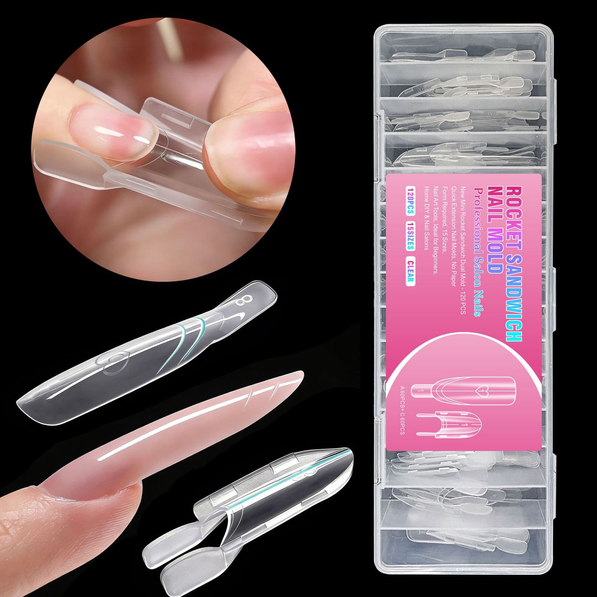 Rocket Sandwich Nail Form Extension Holder with Free Fixing Clip, 120pcs Transparent Quick Extension Nail Art Tool