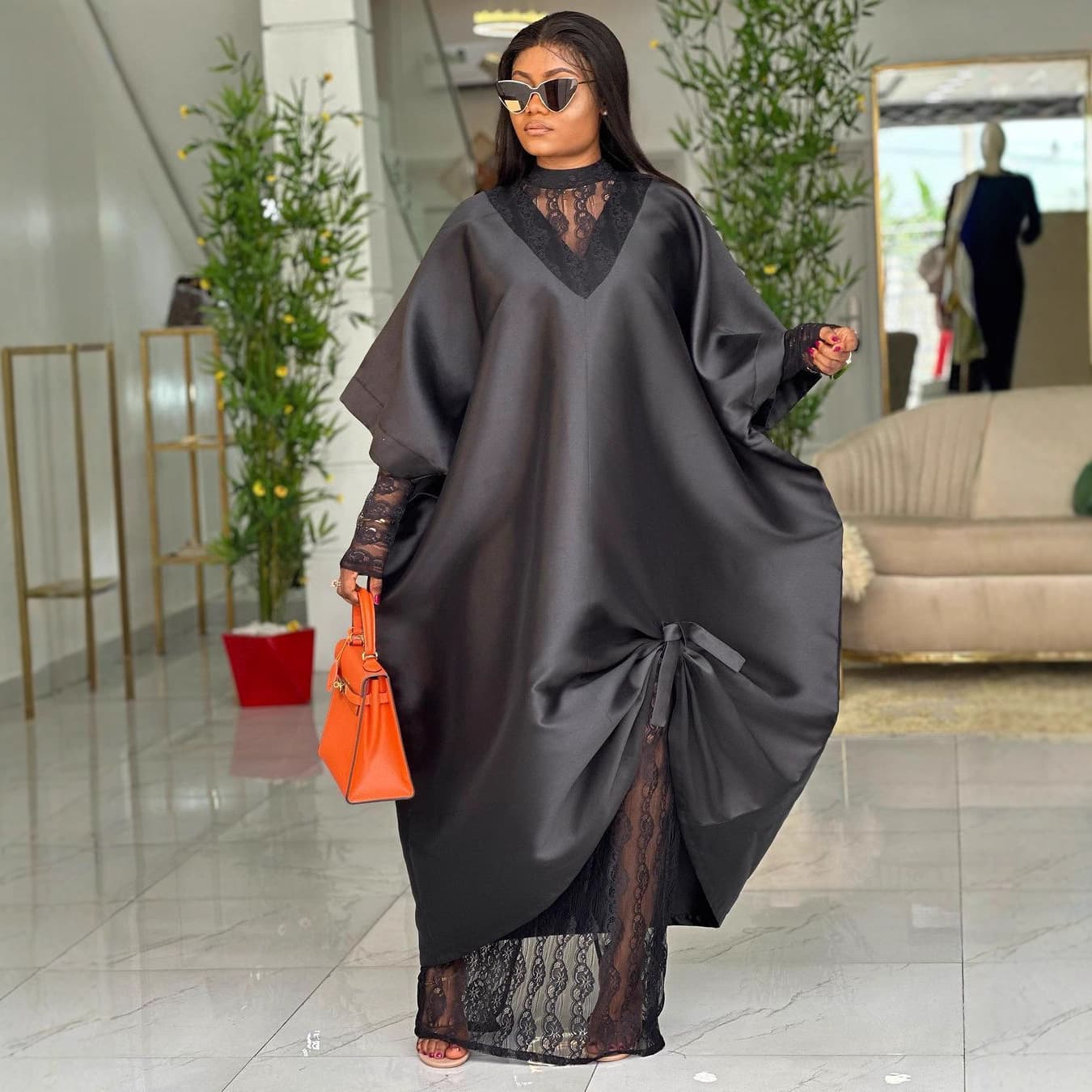 African Loose Long Gown Set Lace Dress with V-Neck Batwing Sleeve Flared Skirt Bubu Dress