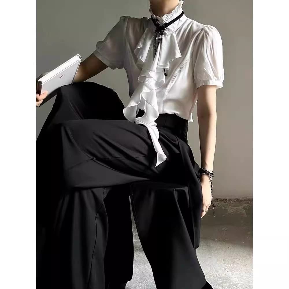 French retro stand-up collar shirt for men and women with slim design and neutral style long-sleeved shirt for summer thin