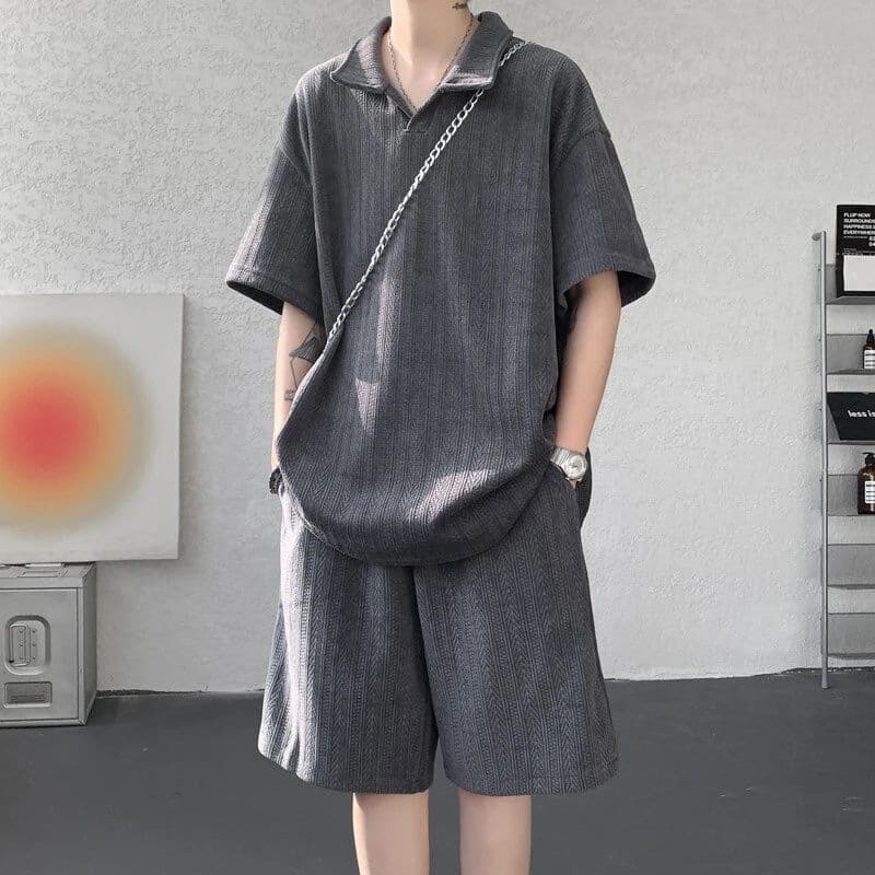 Wheat Texture Polo Short Sleeve T-Shirt Casual Sport Suit Men's Summer American Street Style Shorts Two-Piece Set