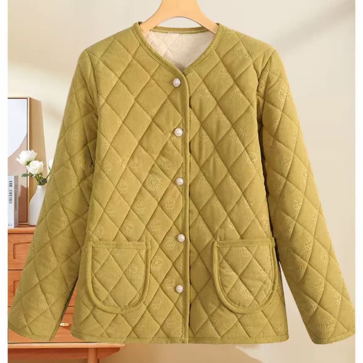 New Middle-Aged and Elderly Autumn/Winter Fleece Lined Cotton Jacket Mother Loose Warm Coat Cotton Garment Green Orange Pink