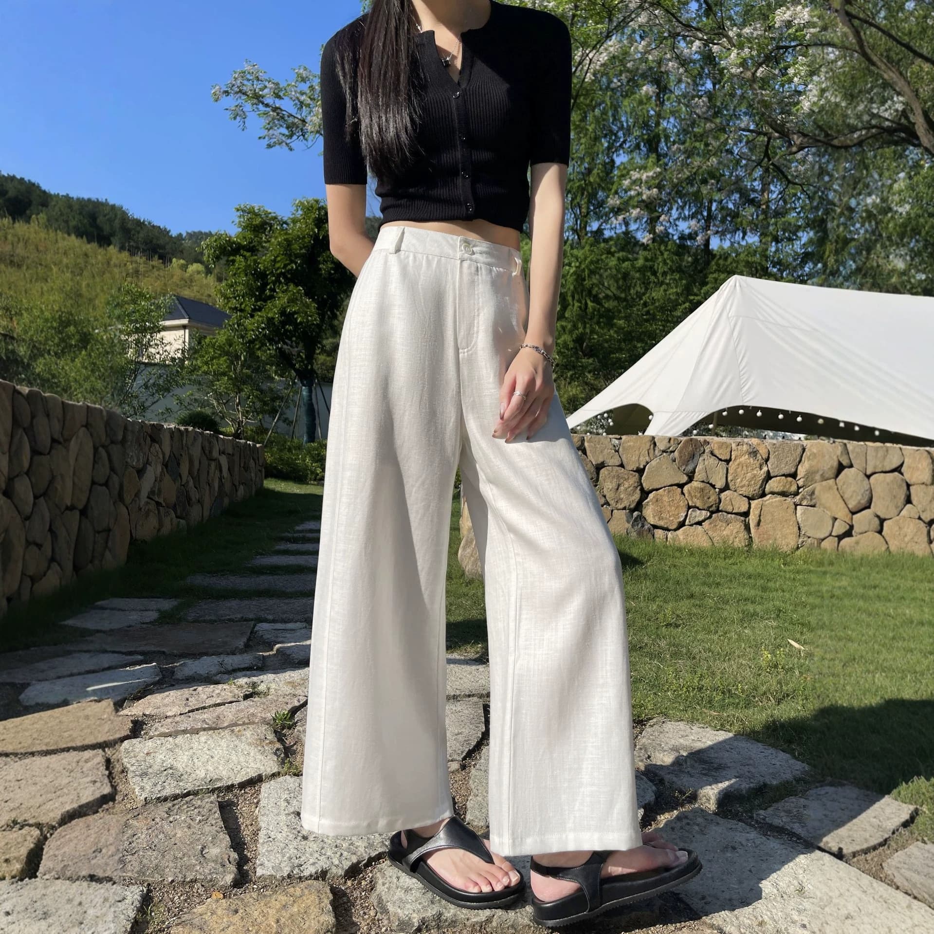 Anchen Linen Lyocell White 9/10 Length Wide Leg Pants for Women Lightweight 2026 Summer High Waist Old Money Style Casual Trousers
