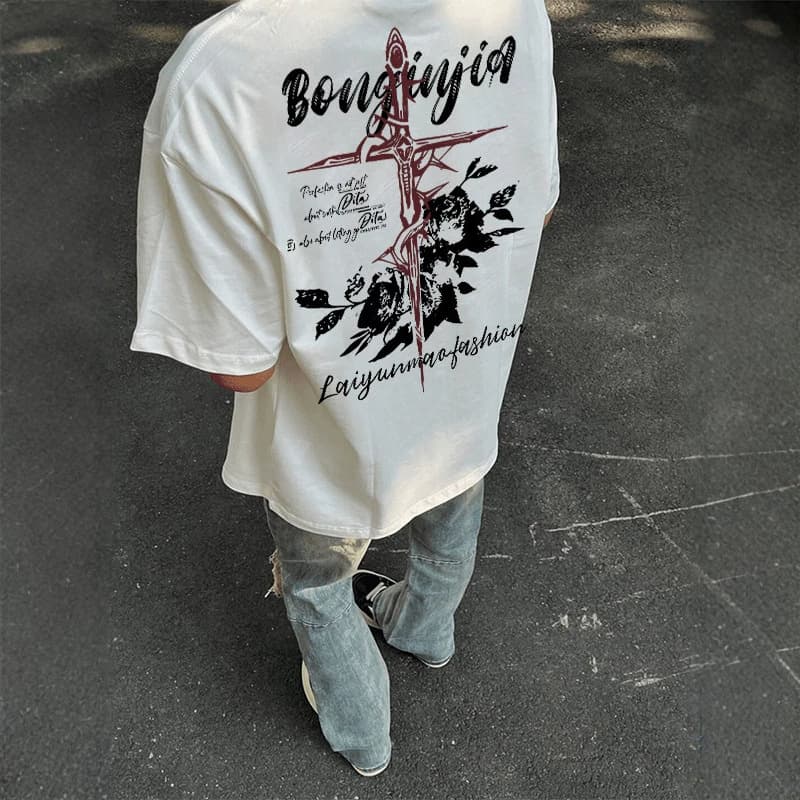 White American High-Street Chinese Trend Short-Sleeve T-Shirt for Men Summer Oversized Loose Retro Cool Heavyweight Top