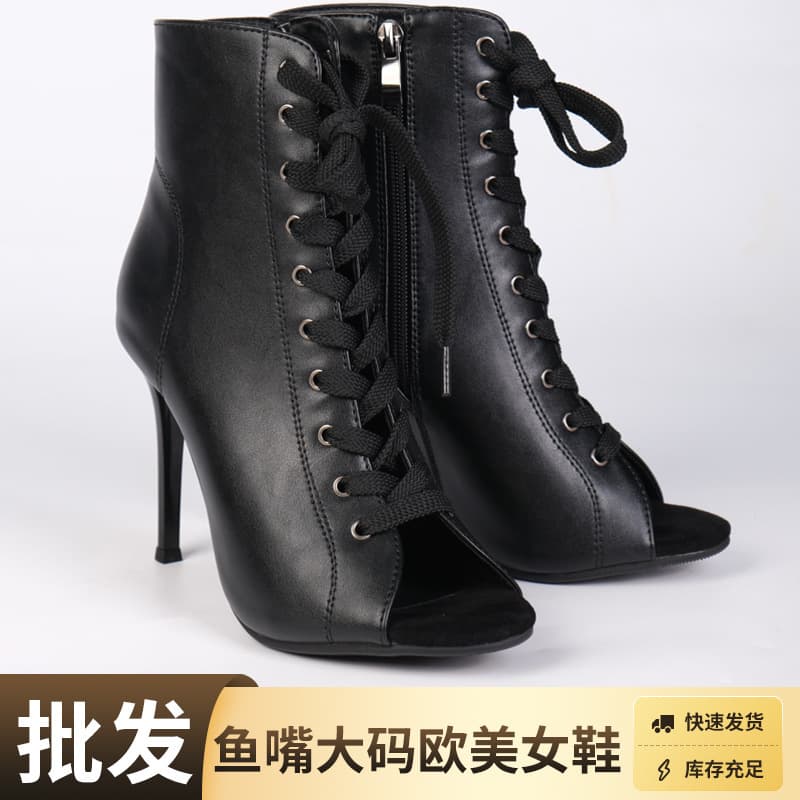 In Stock European and American Large Size Jazz Dance High Heels Hollow Fish Mouth Lace-Up Black Heels Dance Shoes Outfit