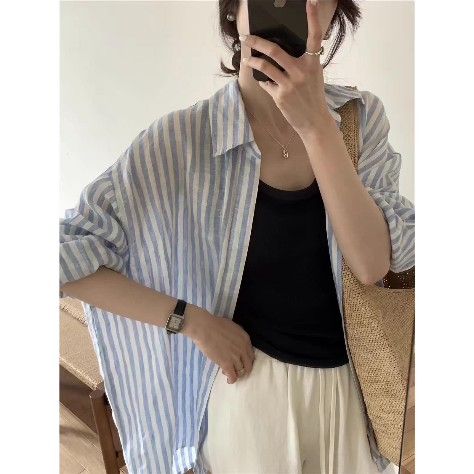 Striped Shirt for Women Long Sleeve Loose Thin Relaxed Linen Shirt Sun Protection Casual Cotton-Linen Outerwear Top Summer