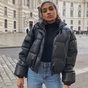 2026 Autumn Winter New Cross-Border Exclusive Leather Jacket, Plus Size Women's Crop Top Stand Collar Leather Cotton Puffer Jacket