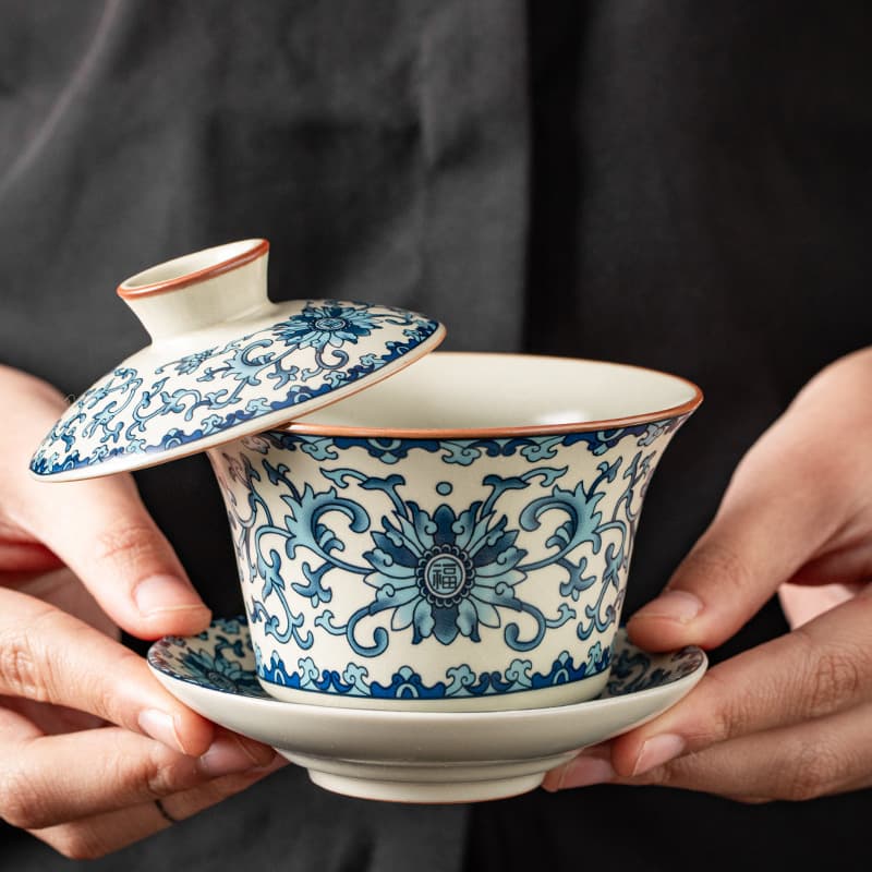 Gongfu Tea Set Hovering Three-Talent Lidded Bowl Chinese Ceramic High-End Household Ru Kiln Crackle Glaze Maintainable Tea Ceremony Cup Bowl