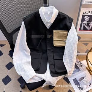Japanese Style Pure Cotton Work Vest Men's Summer Loose Multi-Pocket Tank Top Ins Trendy Versatile Sleeveless Jacket