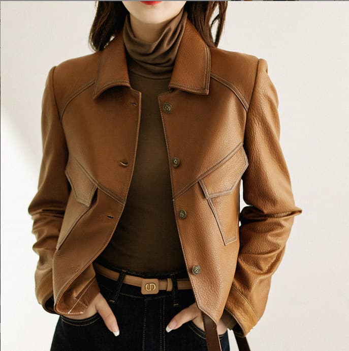 Best Price Spring/Autumn PU Leather Jacket Women Short Slim Fit Turn-down Collar Single-breasted Motorcycle Jacket