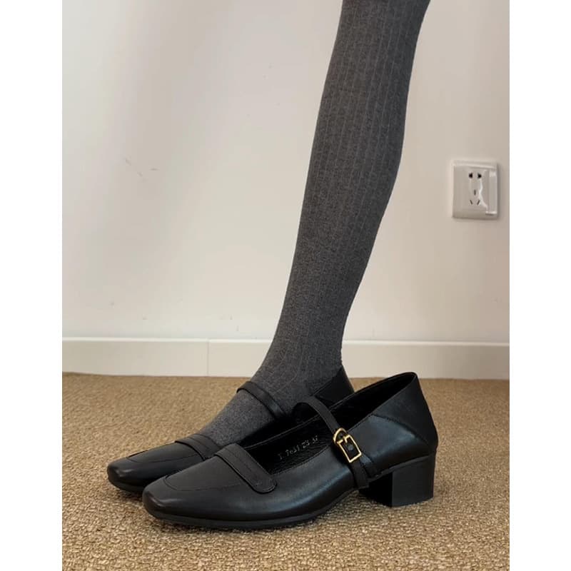 Sheepskin version~ Genuine leather artistic vintage square toe chunky heel single strap Mary Jane shoes women's elegant versatile shallow cut flats