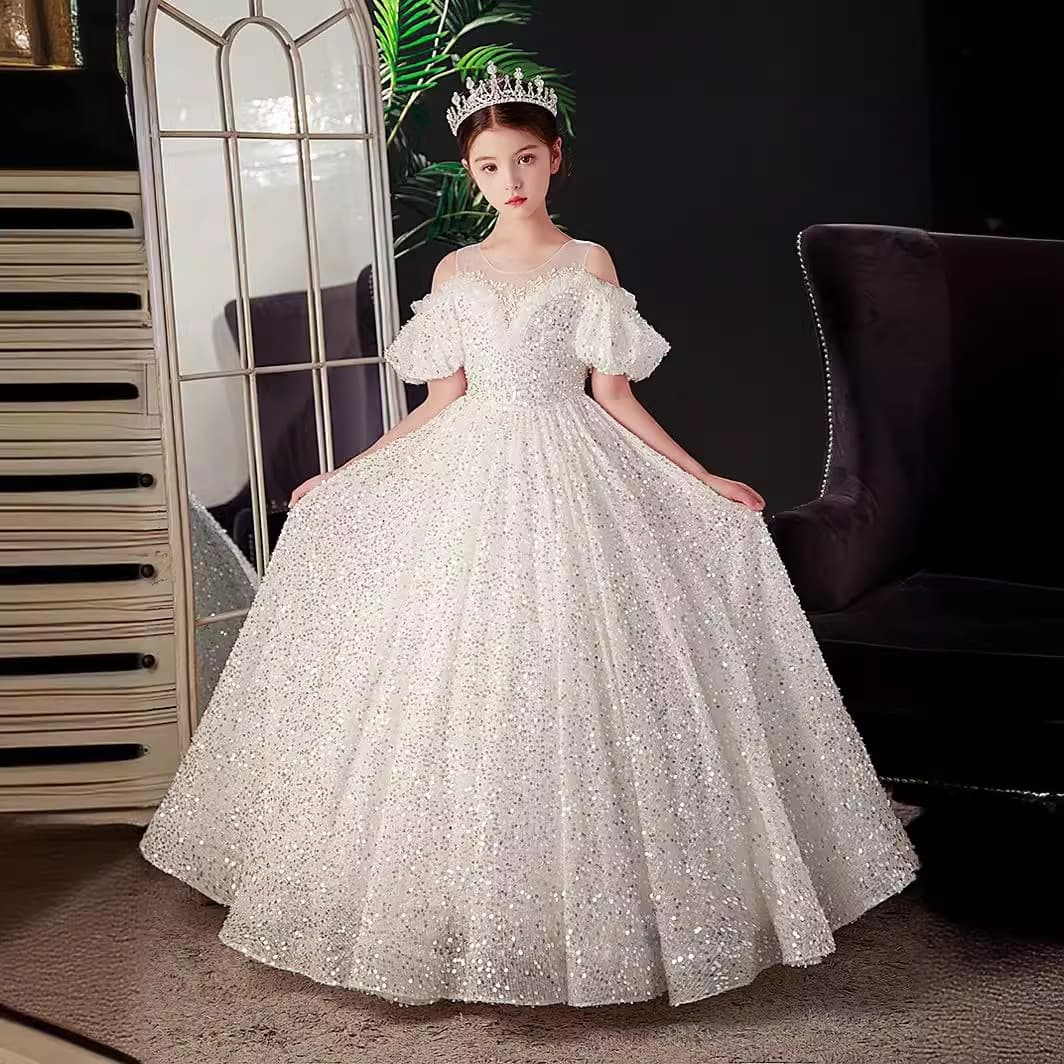 Children's Dress Princess Dress 2026 New White Sequin Host Dress Girls Banquet Catwalk Piano Performance