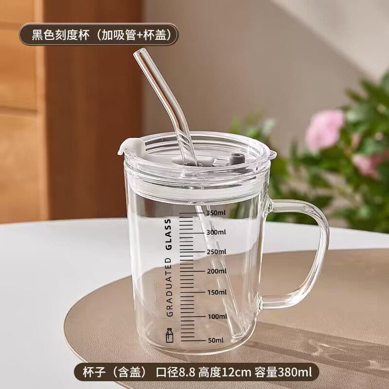 Heat-Resistant Children's Water Cup Glass Straw Cup with Lid Home Use Handle Milk Cup Graduated Cup Foreign Trade Wholesale