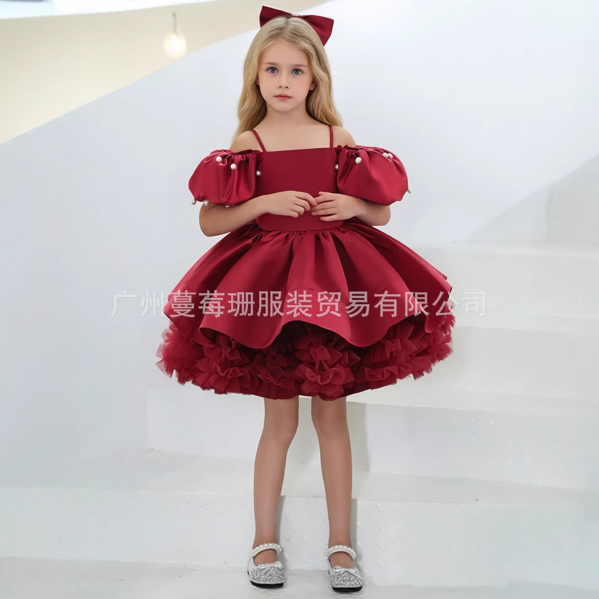 Red Children's Beaded Princess Dress for Girls, Puffy Tulle Flower Girl Wedding Dress, Little Girl's Birthday Host Show Performance Dress