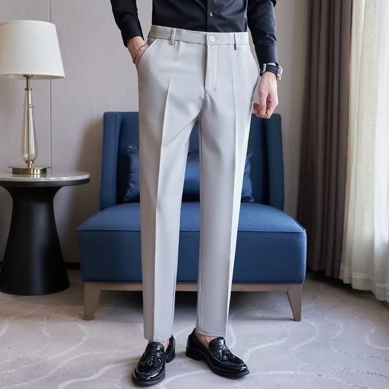 Spring Stretch Dress Pants for Men Casual Ankle-Length Black Slim Straight Business Formal Suit Trousers