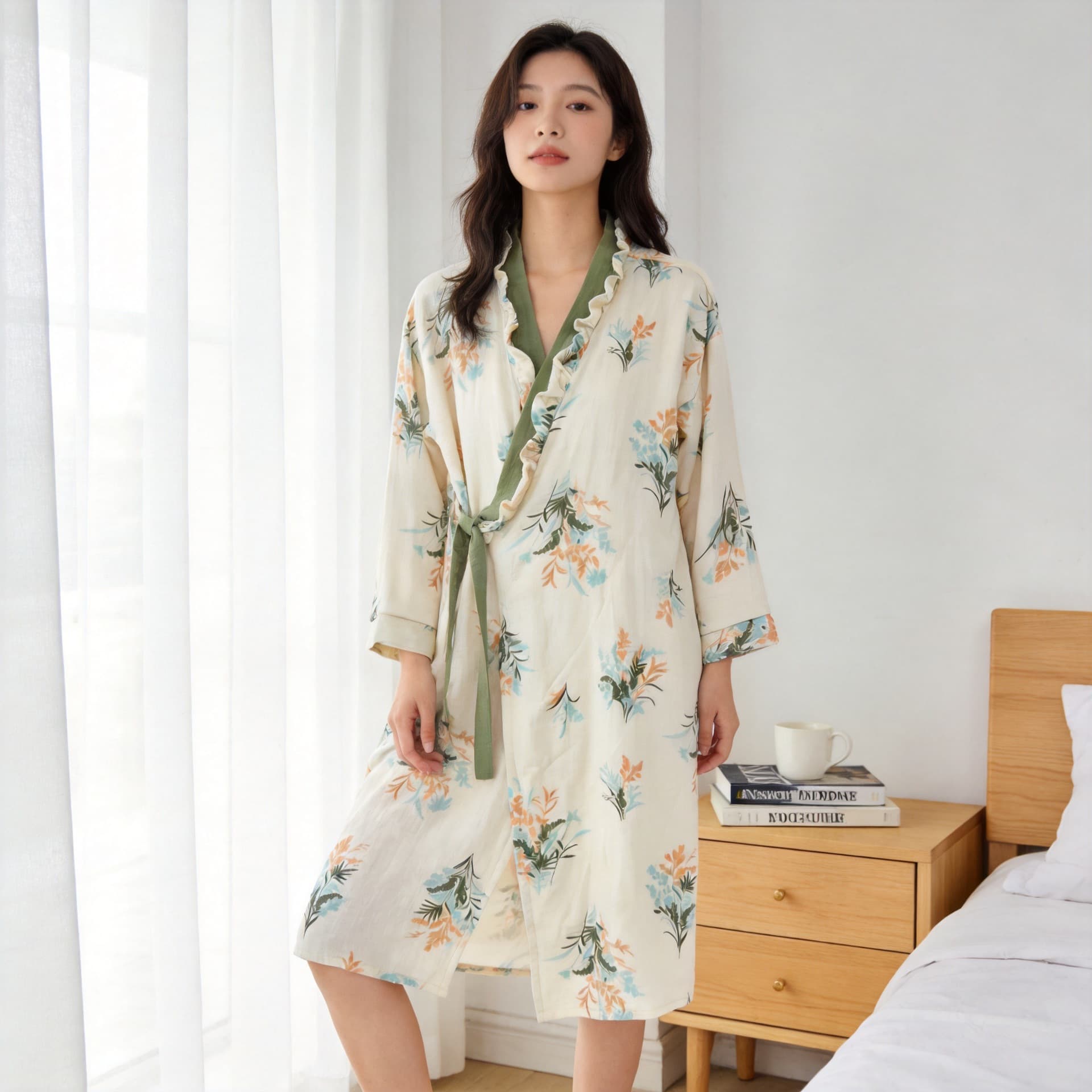 Spring and summer cotton nightgown yukata pure cotton gauze kimono bathrobe summer thin short-sleeved nightgown home wear