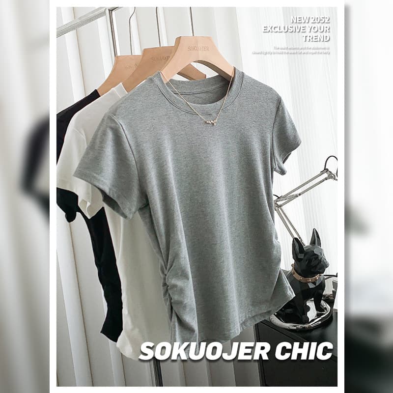 high quality Sexy Hot Girl Modal Slim-fit Slimming T-shirt Women's Summer Small-waisted Short-sleeved Side Waist Pleated Base Shirt