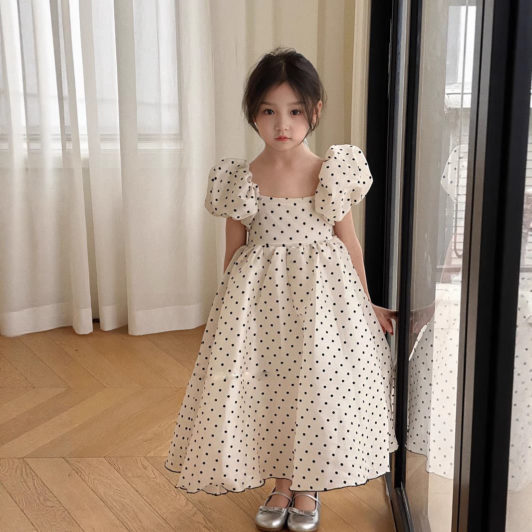 Girls' dress summer new high-end polka dot puff sleeve princess dress dress for children and middle-aged children dropshipping