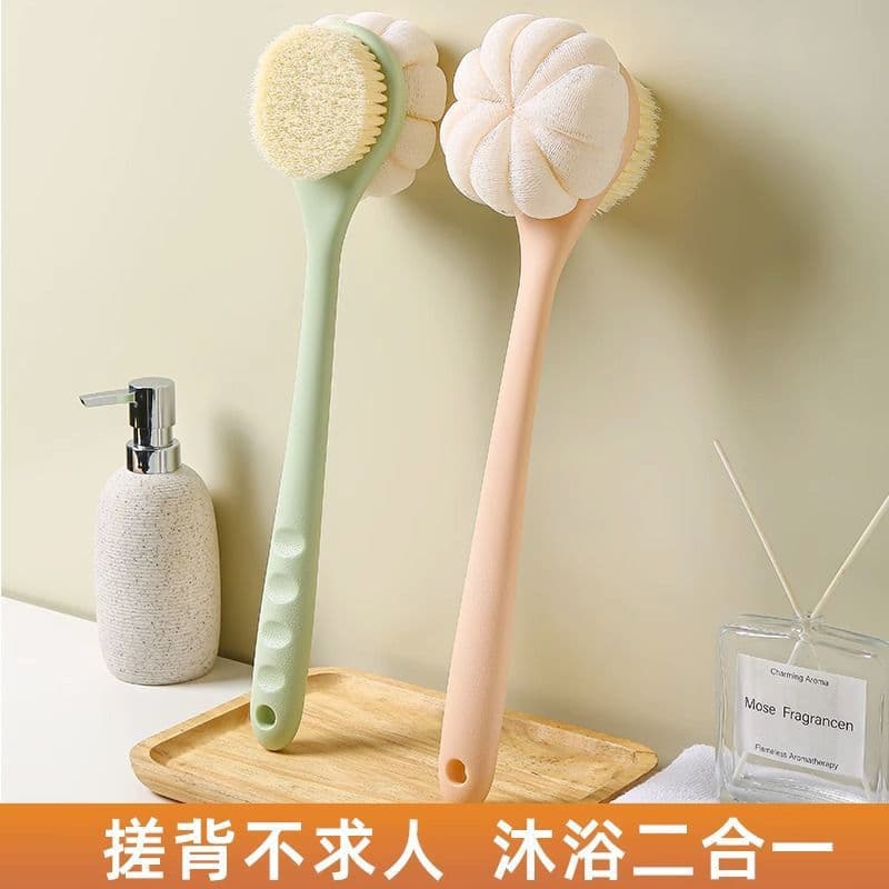 Dual-sided long-handled soft bristle bath brush with exfoliating glove, 2-in-1 back scrubbing shower tool multi-functional bathing brush