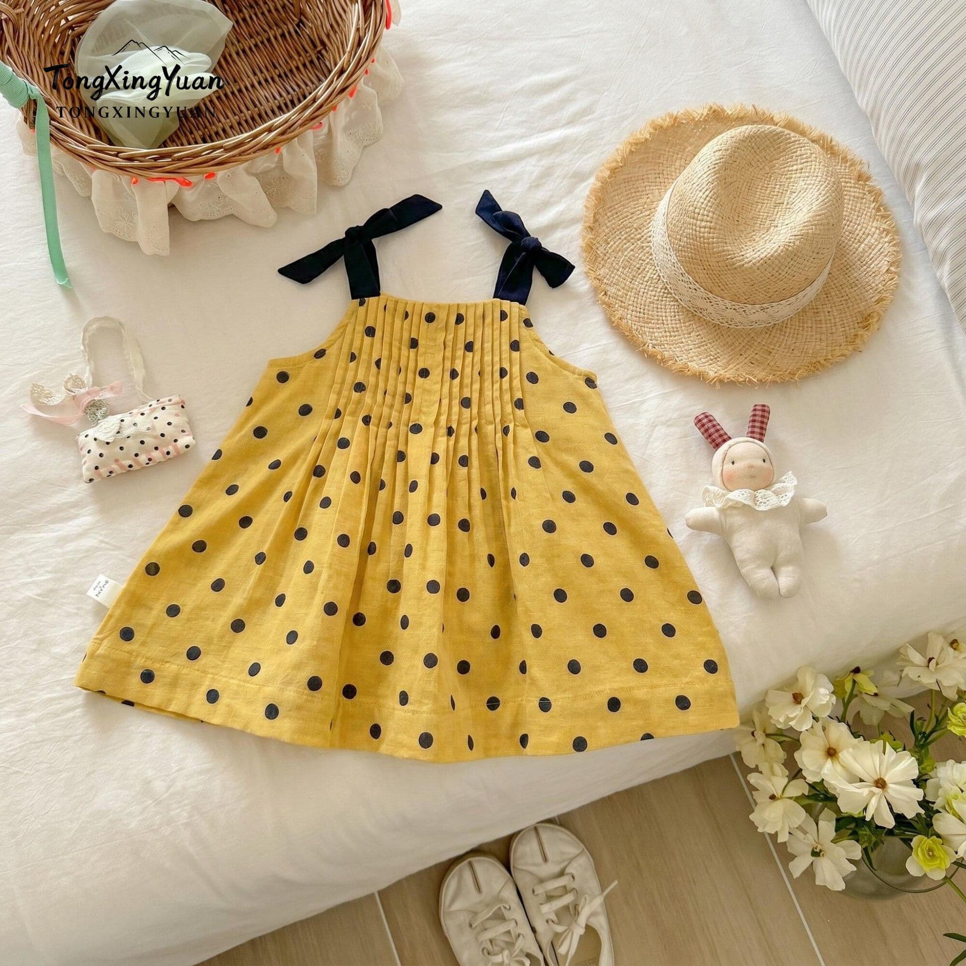 Girls Summer Polka Dot Camisole Dress 2026 New Toddler Bowknot Tutu Princess Kids Dress Yellow