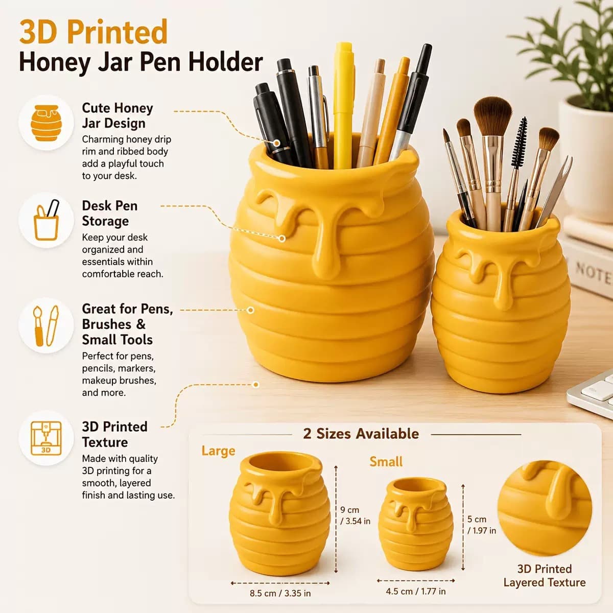 Cross-border Best-selling 3D Printed Honey Jar Pen Holder Creative Desktop Storage Container Makeup Brush Organizer Office Stationery