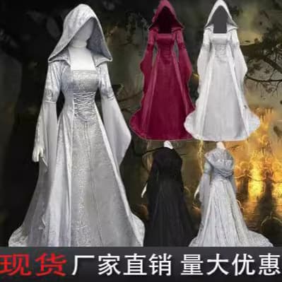 Cross-border 2022 Simple Women's Cosplay Medieval Vintage Wedding Dress 4 Colors Hooded Waist-cinching Dress Cosplay