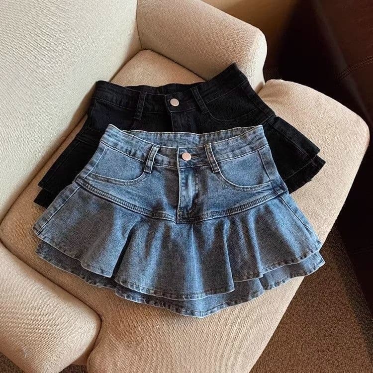 Girls Denim Skirt Pants 2026 Summer New Medium Large Kids Half Pleated Skirt Pants Summer Children Girls Short Pants