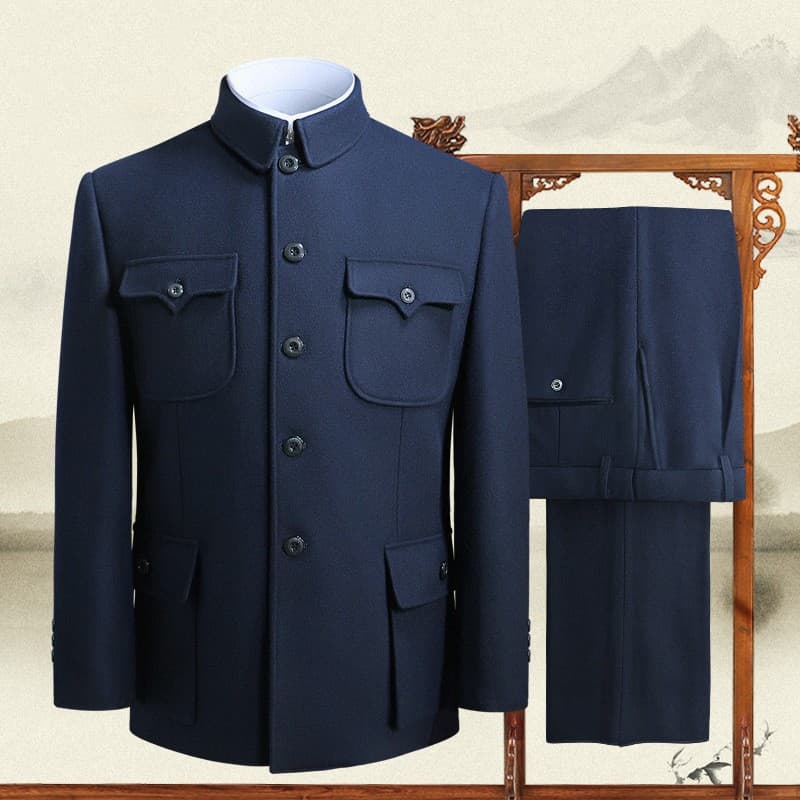 Woolen Chinese Tunic Suit for Men, Chinese-style Formal Wear, Zhongshan Suit for Middle-aged and Elderly, Loose-fit Spring and Autumn Set