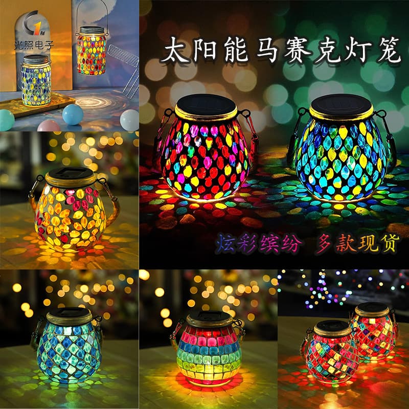 Solar Powered Mason Jar Lantern Outdoor Waterproof Glass Art Projection Decorative Hanging Lamp Desktop Decoration Mosaic Style