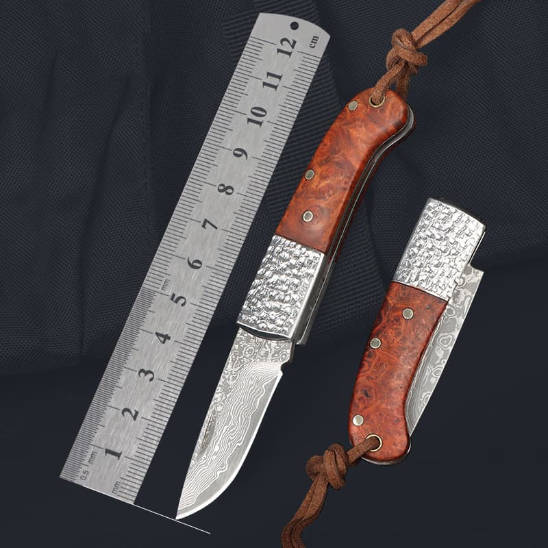 Handmade Mini Folding Knife with Steel Head Red Shadow Wood Handle Outdoor Large Damascus Knife Compact Self-Defense Tool
