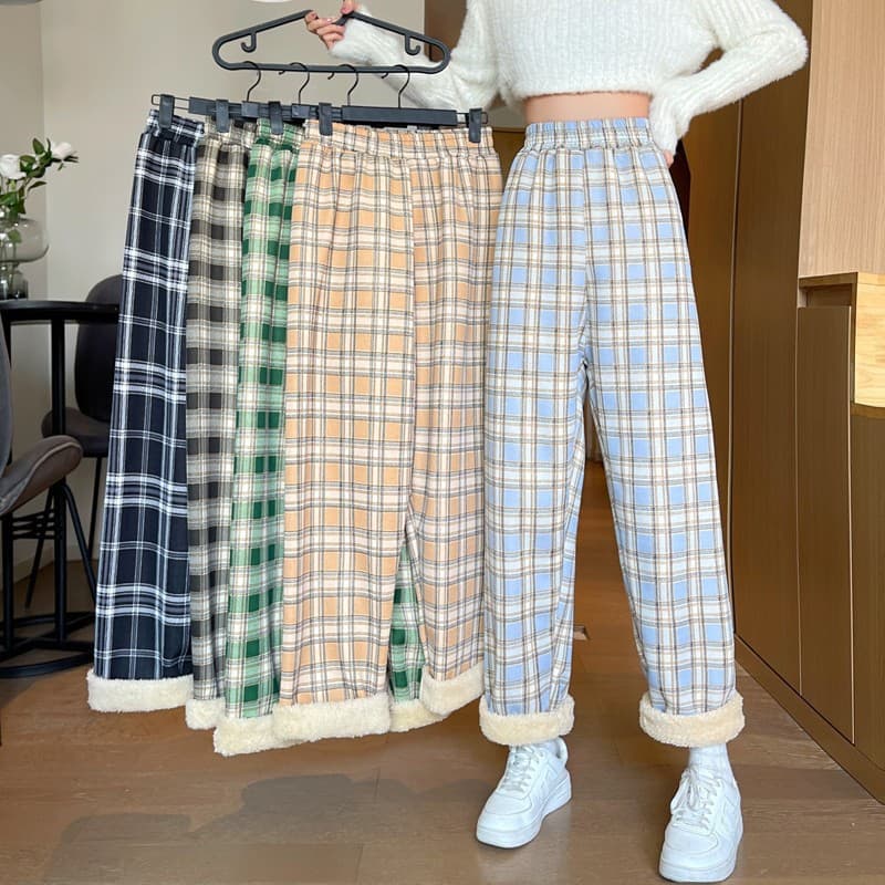 Plush plaid pants 2026 autumn and winter new thickened sherpa casual pants simple high-waisted straight pants women's trousers