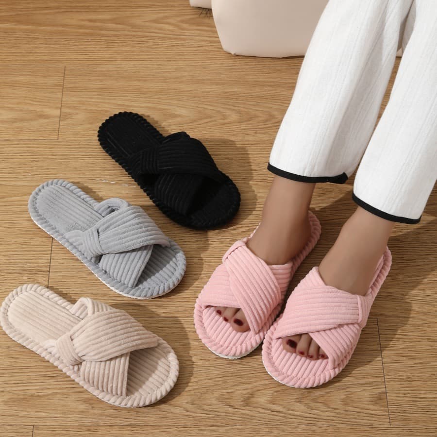 Home Slippers Spring Autumn Anti-Slip Flat Bottom Couple Simple Open-Toe Plush Slippers Comfortable Warm Wear-Resistant Indoor Shoes