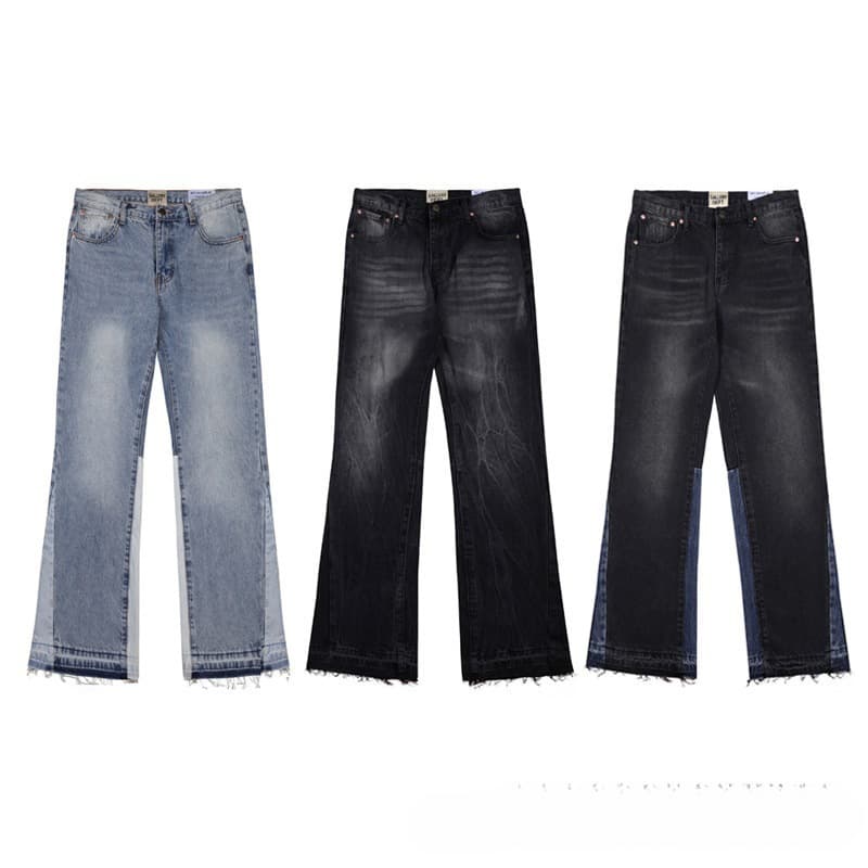 High Quality New European and American Style Gallery Washed Micro-Flared Black and Blue Patchwork Jeans for Men and Women, Long and Short Pants