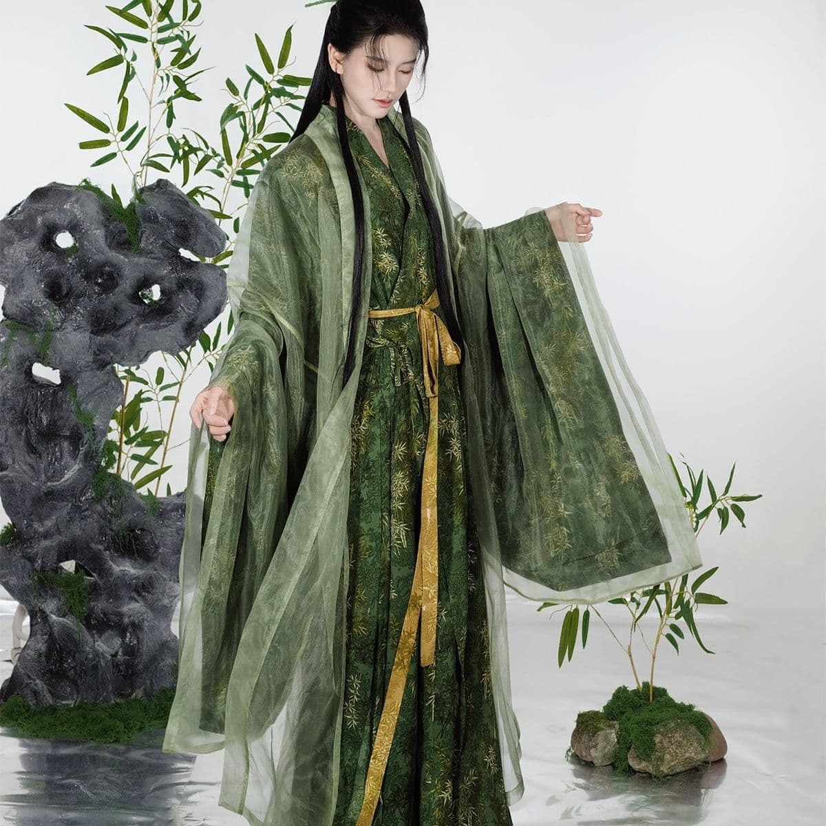 Green Song Dynasty-made Hanfu for daily use, bamboo leaf print, cross-collar straight skirt, Song trousers, spring and autumn suit, fairy style for men