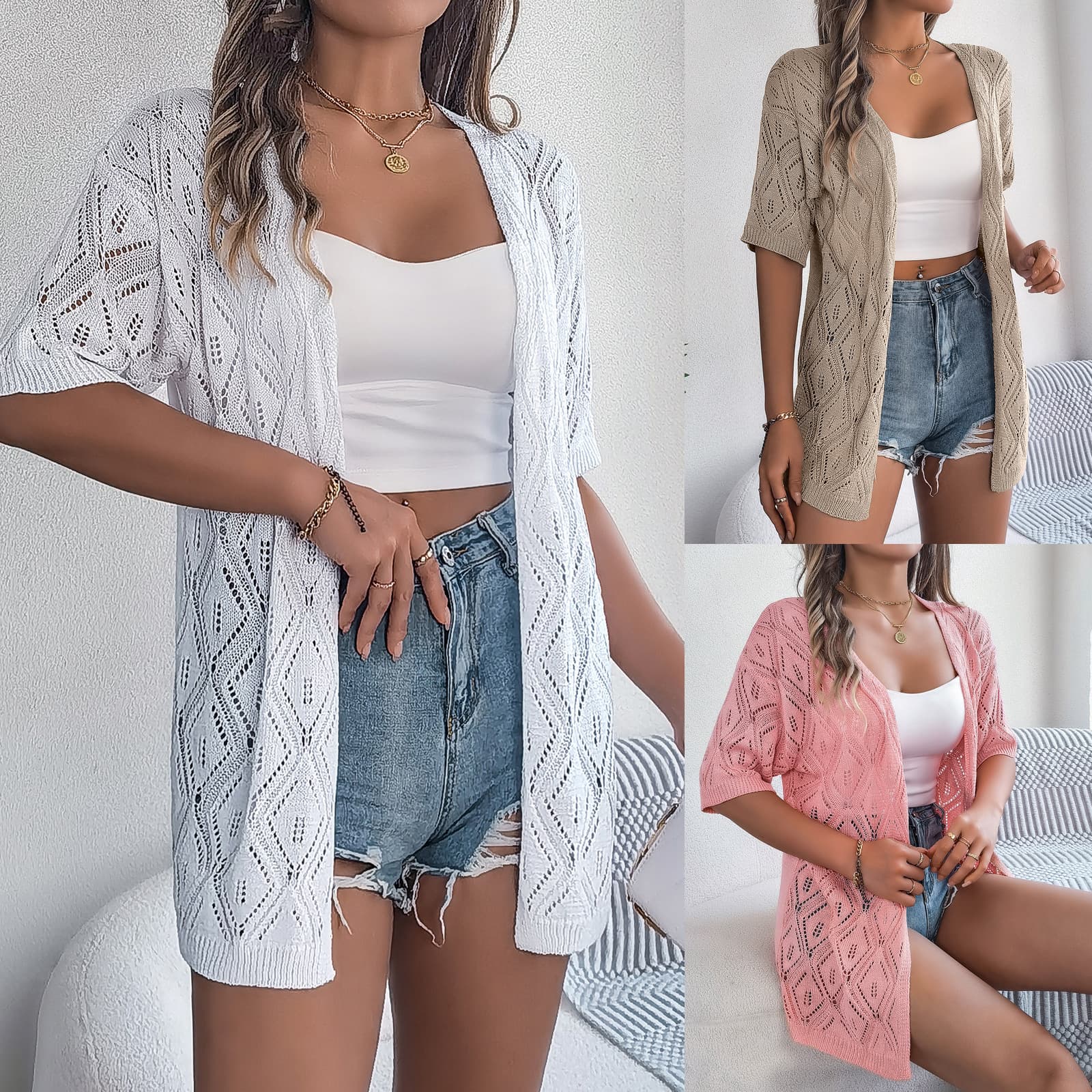 Real Shot Summer Mesh Grid Short Sleeve Knitted Cardigan Beach Sun Shirt, Amazon Cross-Border European and American Women's Clothing