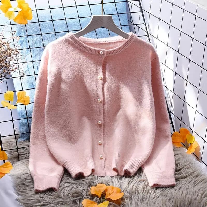 Korean-style Niche Pearl Button Solid Color Knit Sweater for Women, Versatile Autumn New Lazy Style Soft and Cozy Top Coat