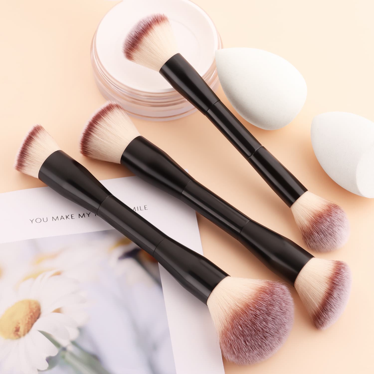 3 double-ended makeup brushes + beauty egg combination set, powder brush, foundation brush, blush brush combination, beauty tools