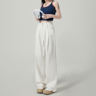 Guangzhou stock white loose wide-leg jeans for women, spring/fall high-waist slimming drape long pants, straight-leg floor-length trousers