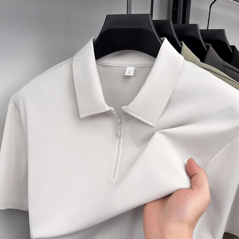 New Summer Men's Short Sleeve Polo Shirt, Middle-Aged Nylon-Spandex Seamless Half-Zip Turn-Down Collar Solid Color Short Sleeve T-Shirt