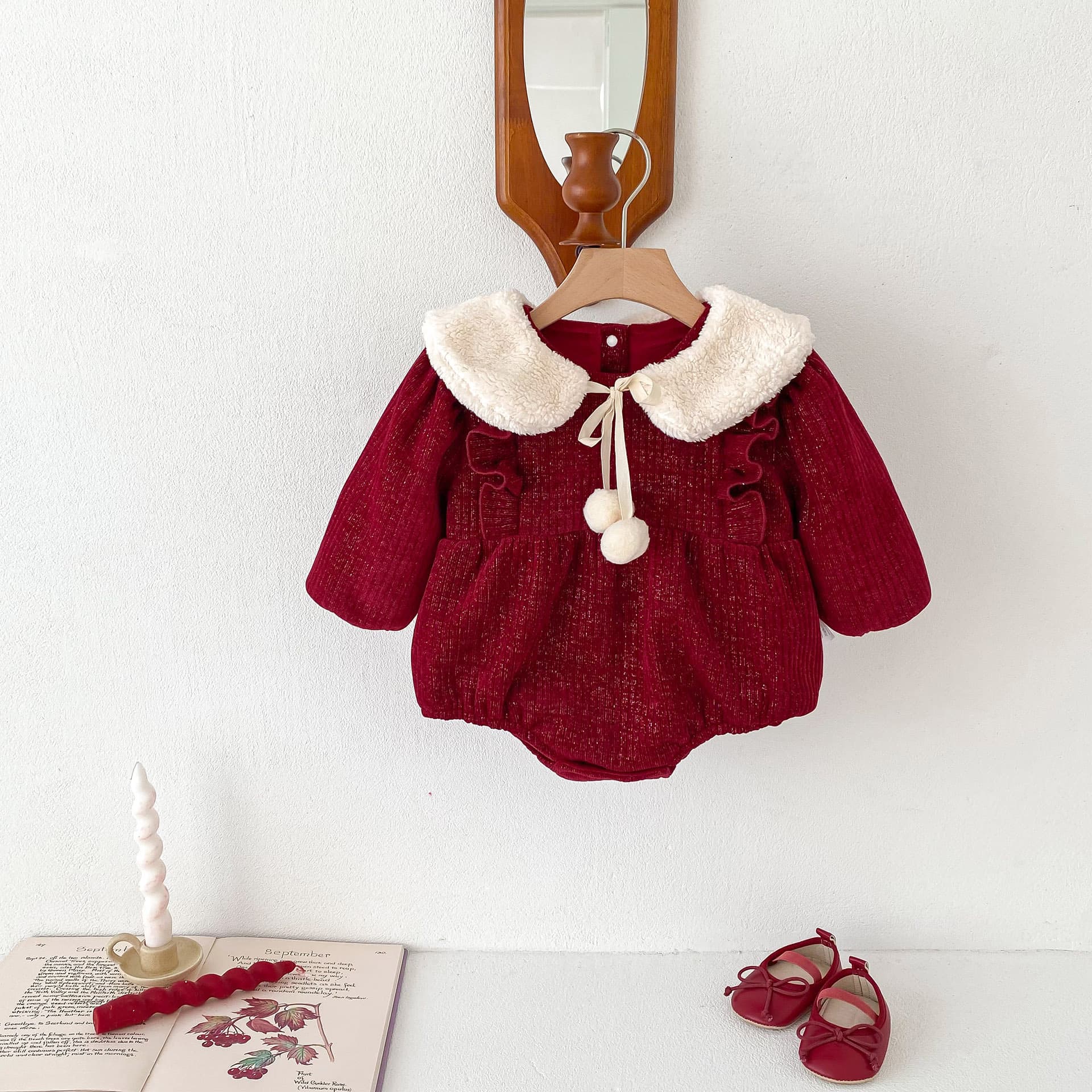 Princess Style Fleece Lined Baby Girl Romper New Year Celebration Outfit Winter Clothes a Class Cotton Onesie for Infant Girls
