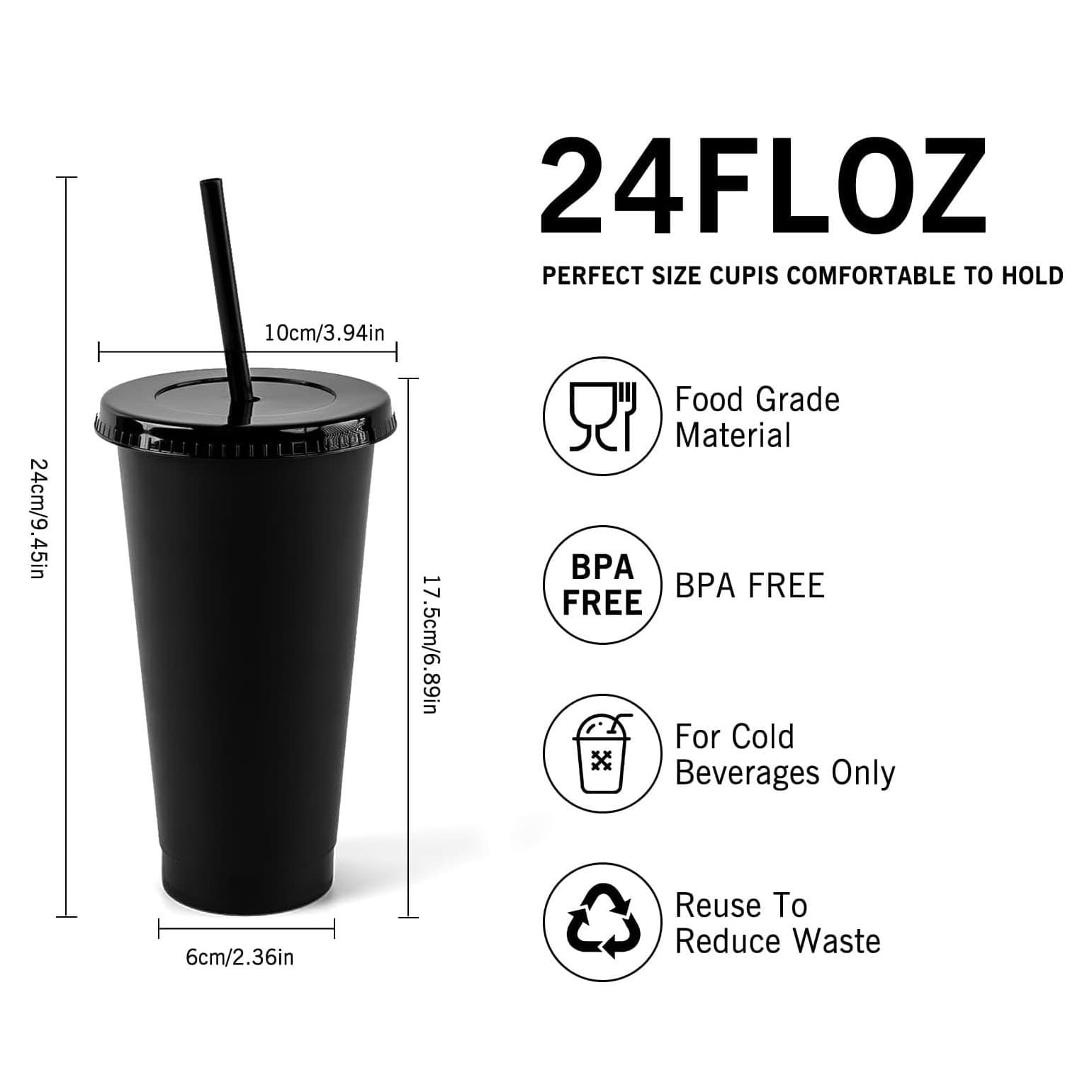 Black Plastic Cup with Lid and Straw, 24oz Reusable Straw Cup, Portable Eco-Friendly Cup