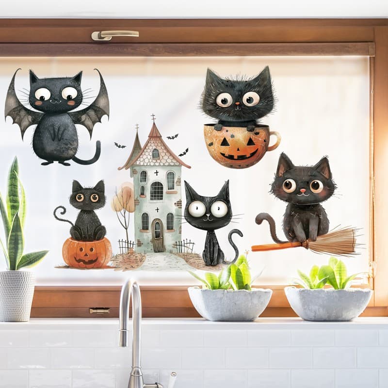 Halloween Spooky Haunted House Cat Ghost Bat Window Decal Glass Sticker Self-Adhesive Wall Decoration
