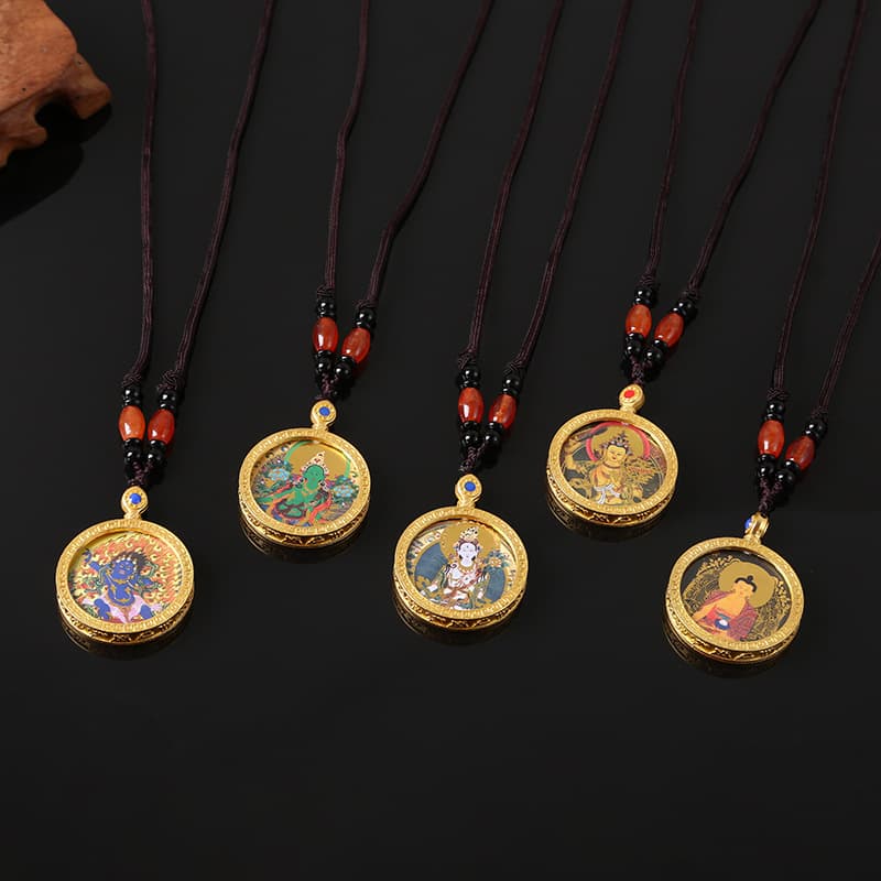 New Tibetan Thangka Gawu box with golden round double-sided hand-painted Manjusri green Tara and the twelve zodiac signs of Amitabha