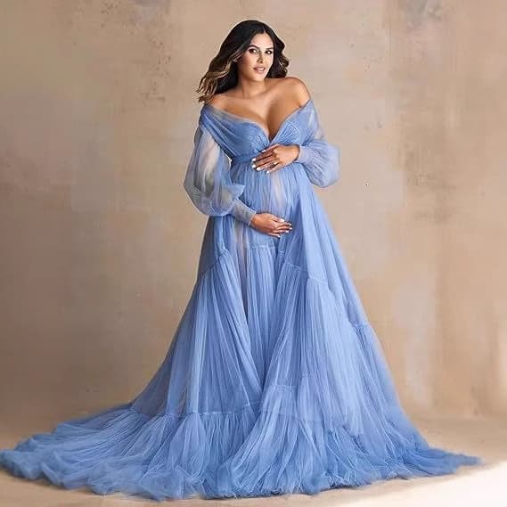 Maternity Lace Skirt Photography Gown Deep V See-through Multi Color Fresh Sweet Style Bubble Sleeve Long Dress for Pregnant Women
