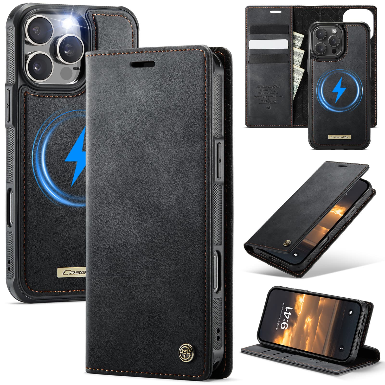 Flip Leather Case for Apple 16E, Magnetic Detachable Phone Case with Card Slot for iP16 Pro Max, Protective Cover for 13/12/11