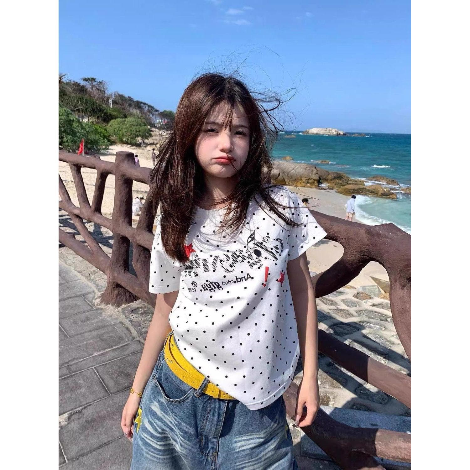 American Retro Polka Dot Letter Short-Sleeve T-Shirt for Women, Slim Fit, Summer 2026, Sweet and Spicy Style, Regular Shoulder, Versatile White Top
