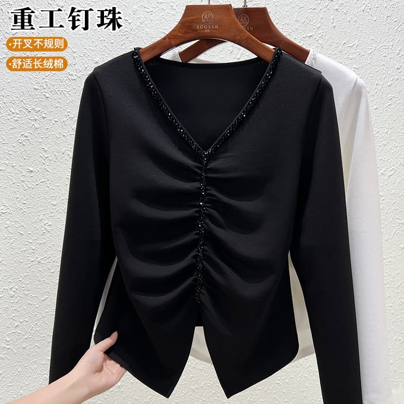 2026 spring new tops, V-neck tops, bottoming shirts, pleated Western-style European shirts, 1688 long-sleeved T-shirts