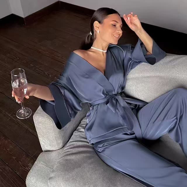European and American Cross-border Trade Long-sleeved Cardigan Tie Robe Set Women's Loungewear Loose Pajama Set